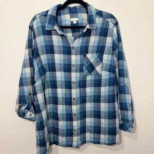 Women’s 2X Blue Plaid Button Front Shirt 100% Cotton Long Sleeve Roll Tab Casual